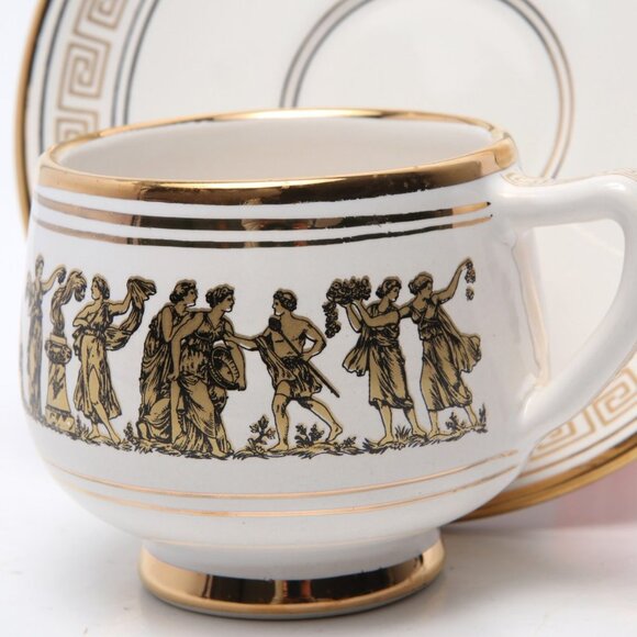 Vintage Arguros 24K Gold Greek Ceramic Cup & Saucer Set Handmade Greece White - Picture 15 of 15